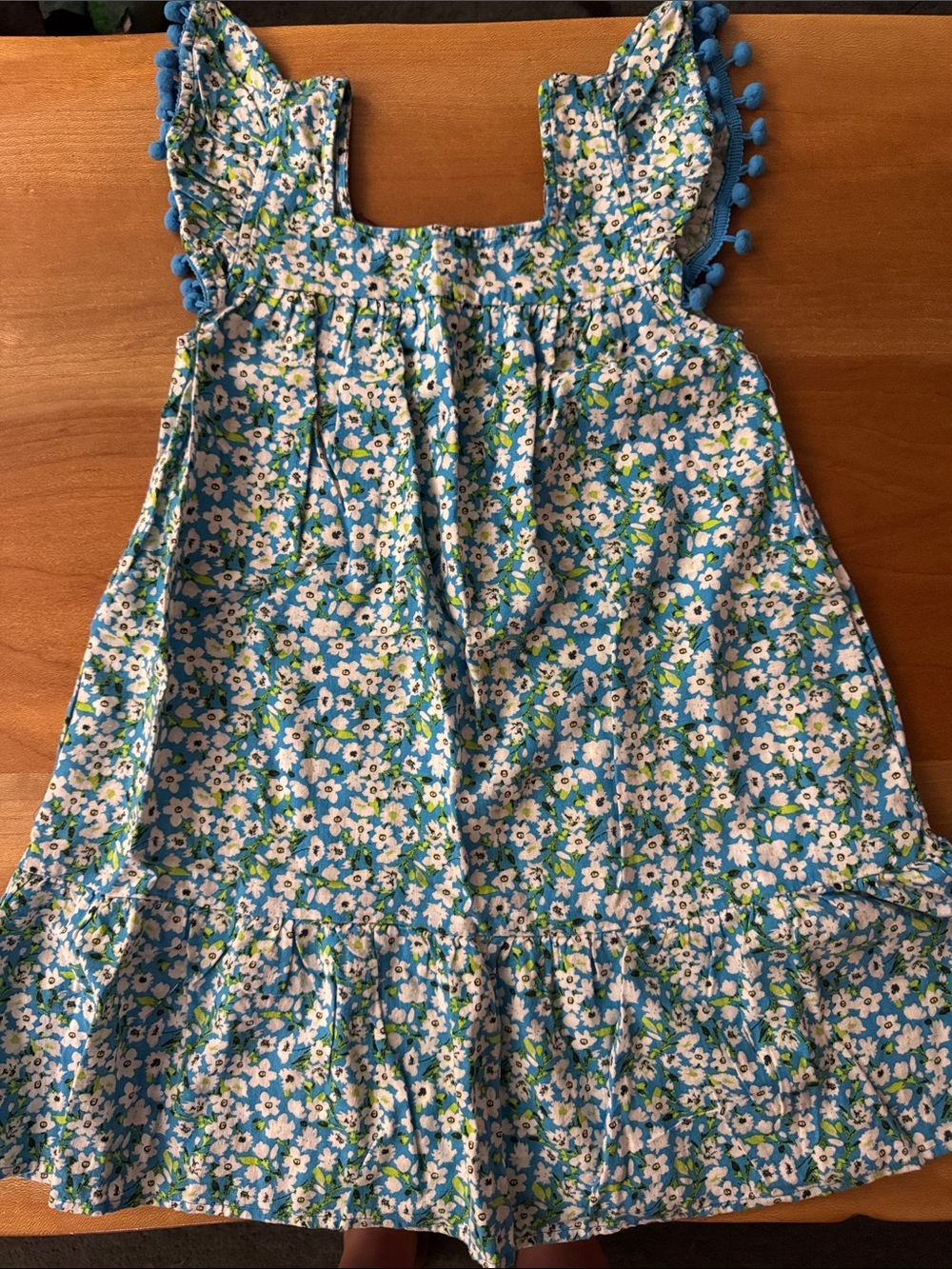 Girls' Blue Floral Sundress with Pom-Trim Ruffles